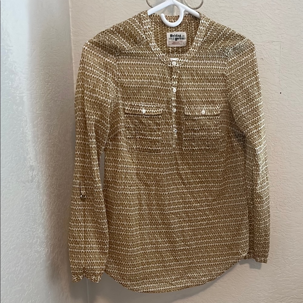 Anthropologie Holding Horses Patterned Blouse in golden Brown and White
